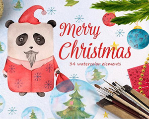 手绘水彩卡通可爱圣诞熊猫新年快乐贺卡彩色纹理图案PNG免抠素材