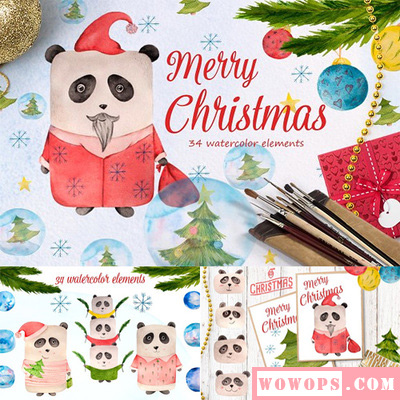 手绘水彩卡通可爱圣诞熊猫新年快乐贺卡彩色纹理图案PNG免抠素材1