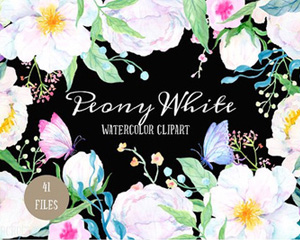唯美手绘水彩白牡丹蝴蝶花卉产品外包装图案PNG免抠平面设计素材