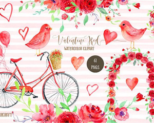 手绘水彩自行车小鸟气球花冠玫瑰花篮拱门PNG免抠平面设计素材