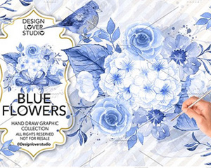 蓝色手绘小鸟水彩绣球花朵玫瑰请柬卡片海报PNG透明ps设计素材包