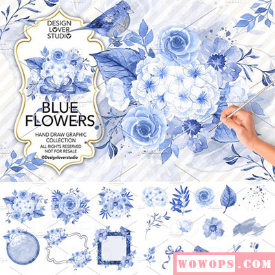 蓝色手绘小鸟水彩绣球花朵玫瑰请柬卡片海报PNG透明ps设计素材包1
