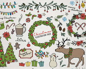 卡通手绘圣诞节树松果礼物雪花冬青松果热可可插画PNG免抠素材