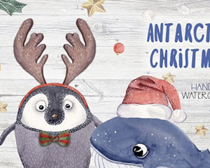 手绘水彩圣诞节树帽子鲸鱼企鹅鹿角蝴蝶结雪橇插画PNG免抠ps素材