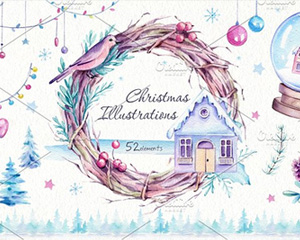 圣诞节手绘水彩浆果雪花松果房子水晶球装饰元素插画PNG设计素材