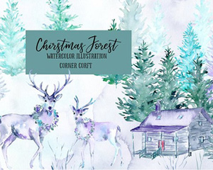 手绘水彩冬季圣诞节冰雪森林麋鹿小屋卡片贺卡PNG免扣设计PS素材