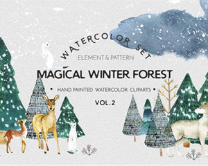 森系文艺手绘冬季水彩森林圣诞云杉树狼麋鹿PNG免扣透明设计素材
