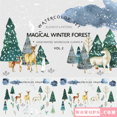 森系文艺手绘冬季水彩森林圣诞云杉树狼麋鹿PNG免扣透明设计素材1