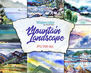 高清JPG水彩水粉山脉风景森林道路景观临摹壁纸插画壁画素材图片