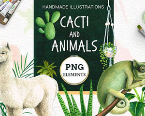 绿色手绘仙人掌植物动物绵羊芦荟龟背竹刺猬变色龙PNG设计素材