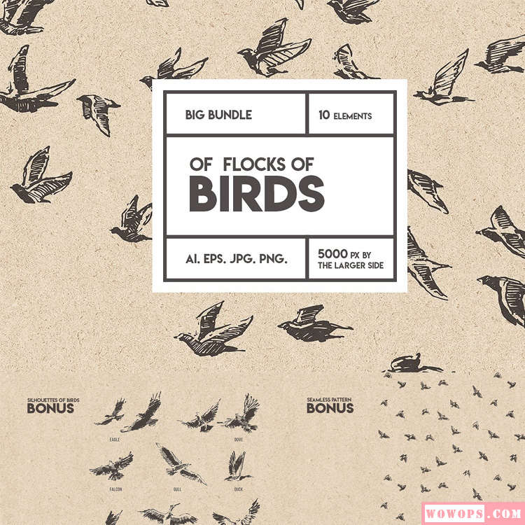 抽象创意手绘素描飞行飞翔的小鸟鸟群鸽子平面包装设计AI矢量素材1