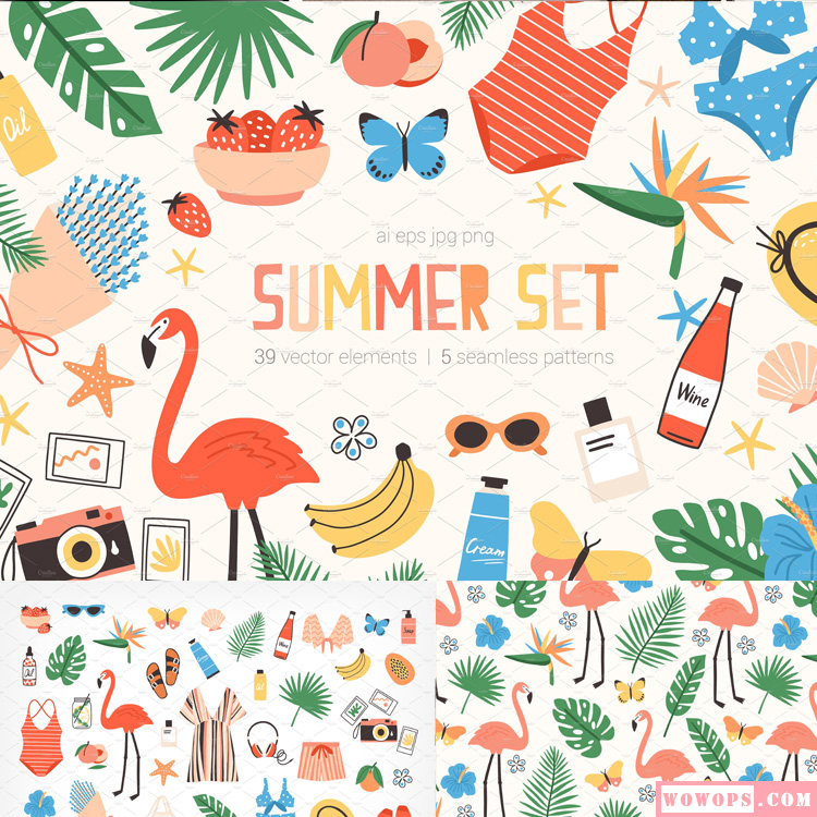 夏日可爱卡通火烈鸟度假衣服印花图案海报PNG+矢量设计元素素材1