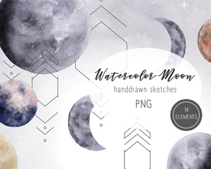 手绘水彩月亮月球月相满月新月凸月上玄月PNG免抠图高清设计素材