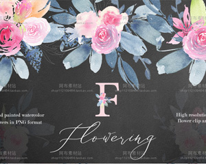 手绘水彩淡雅玫瑰花朵婚礼艺术英文字母海报插画PNG免扣设计素材