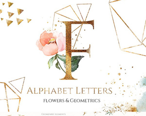 烫金金箔艺术花边花朵英文字母几何边框婚礼LOGO设计PNG透明素材