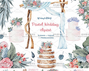 森系文艺手绘水彩婚礼卡片蛋糕拱门捧花花朵设计元素PNG免抠素材